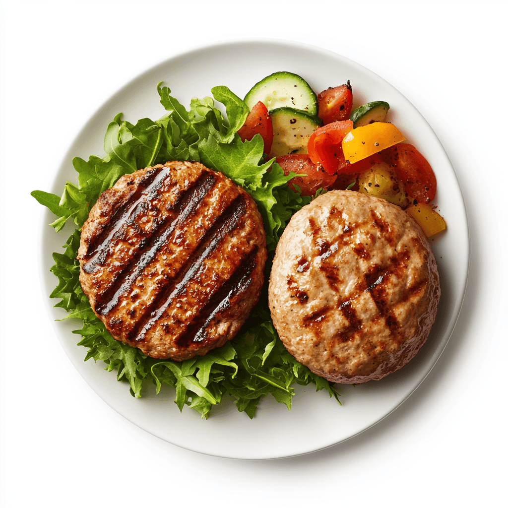 A plate featuring a grilled ground chicken and hamburger side by side.