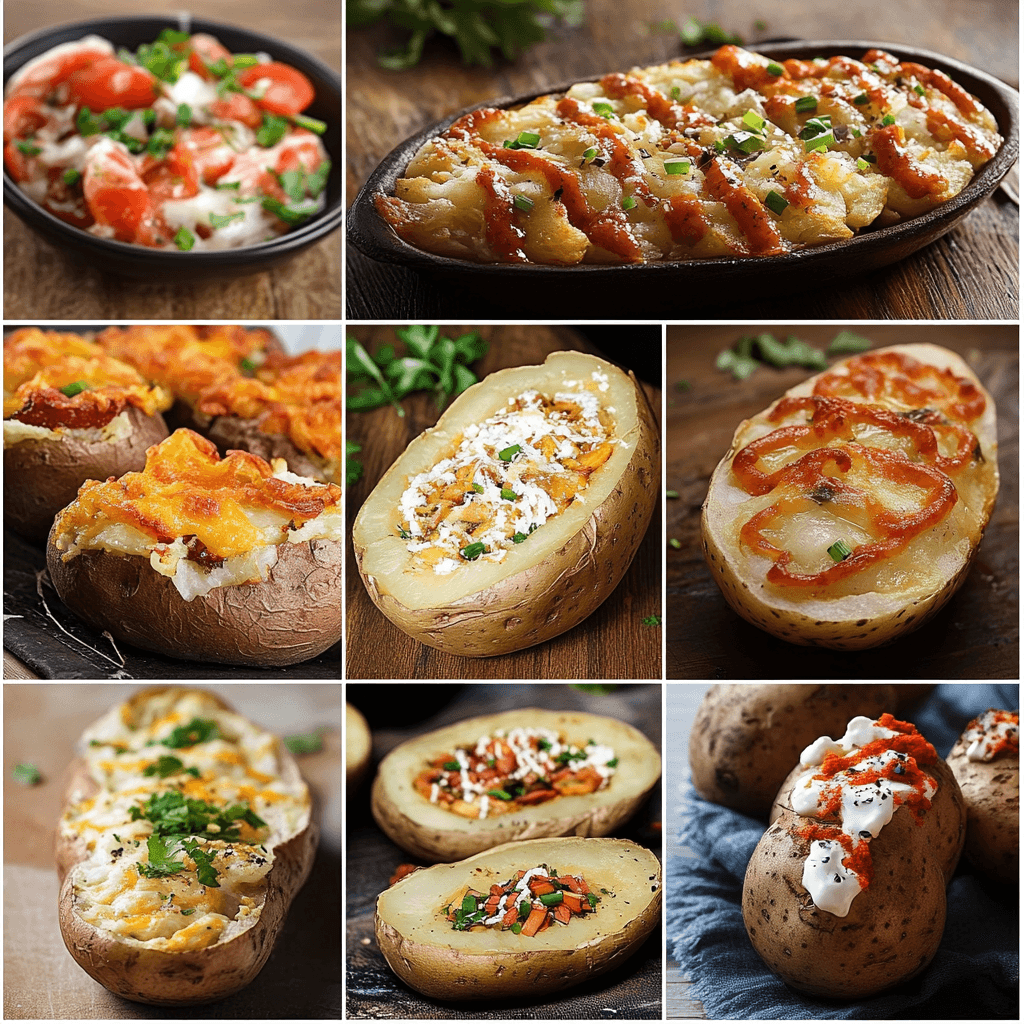A variety of baked potatoes from different cultural cuisines with their potato skin intact.