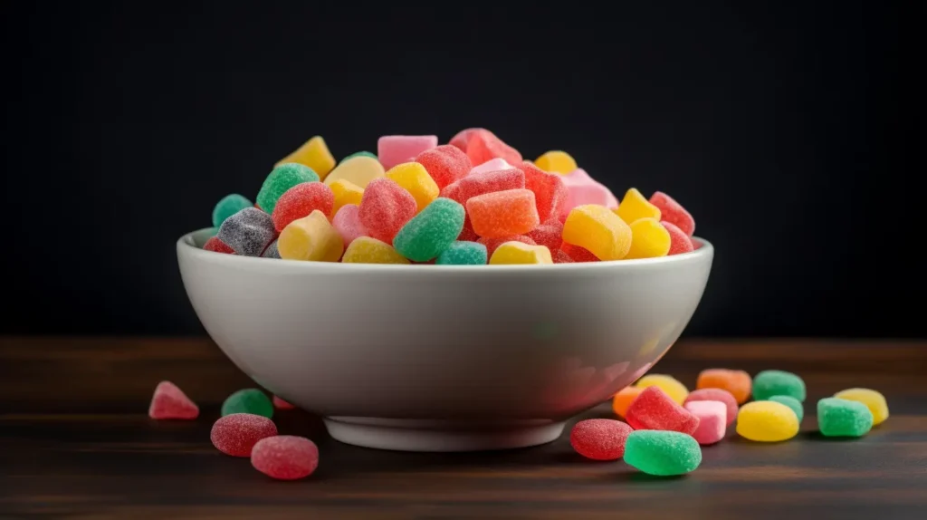 A colorful assortment of freeze-dried candies, including Skittles, marshmallows, and gummy bears, arranged in a bowl.