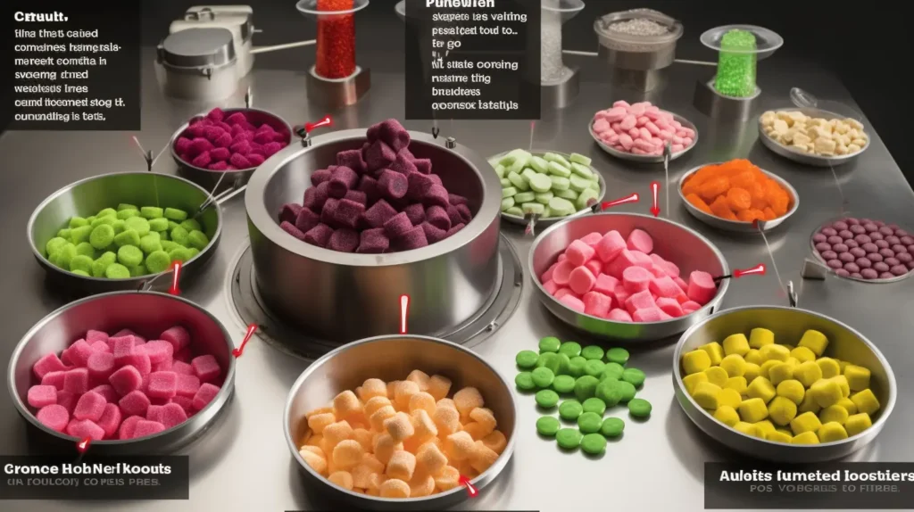 A visual diagram showing the freeze-drying process of candy, including freezing, sublimation, and drying steps.