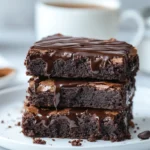 A stack of rich, fudgy protein brownies on a white plate.