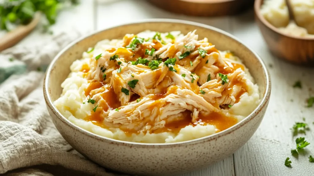 A creamy plate of shredded cream cheese chicken served with mashed potatoes