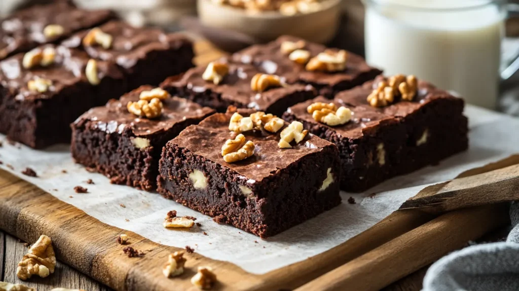 A tray of vegan protein brownies with nuts on top